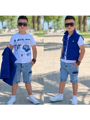 Burçak Butik Erkek Çocuk Kot Yelek / Tişört / Kot Pantolon 3 Parça Takım - Bayramlık - Yazlık