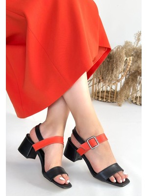 Beruflic Year Siyah Cilt Turuncu Detaylı Siyah Topuklu Ayakkabı Luxury Shoes