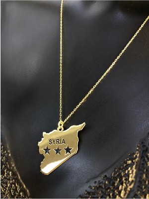 PremiumPort Kadın Gümüş Suriye Haritası Bayraklı Sarı Renk Ülke Kolyesi