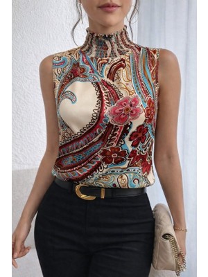 Gökyüzü Moda Kadın Kolsuz Balıkçı Yaka Desenli Süprem Bluz