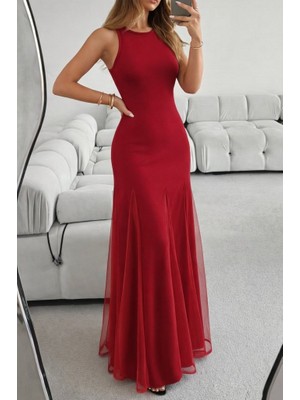 Buğrahayalin Kadın Askılı Bisiklet Yaka Etek Ucu Tül Detaylı Asimetrik Kiloş Uzun Ithal Krep Elbise