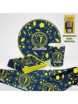 Muka Sarı Lacivert Champion Kullan At *Karton Tabak-Bardak-Peçete Masa Örtüsü* Seti,Sönmeyen Mum Hediyeli