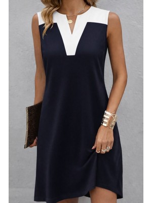 Evyora Kadın Askılı V Yakalı Çift Renkli Kısa Viskon Iki Iplik Elbise