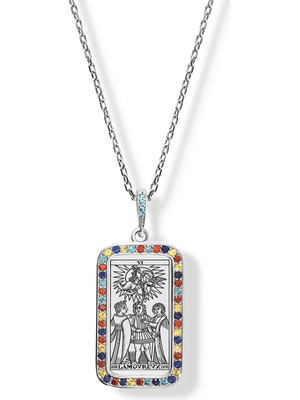 PremiumPort Gümüş Taşlı Tarot Kolye, Rodyum Kaplama, Aşıklar Kartı Tasarımı