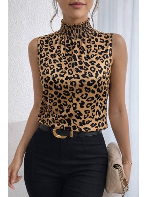 Cottonlab Kadın Kolsuz Balıkçı Yaka Desenli Süprem Bluz