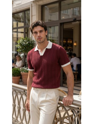 Cottonlab Erkek Örgü Desen Yakalı Kısa Kollu Triko Tişört - %100 Pamuk Akrilik