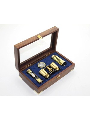 Senson Ahşap Kutulu Pirinç Dürbün Pusula ve Kumsaati Seti 3944