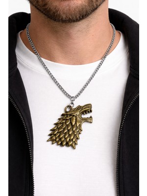 Herşey Nota Altın Renk Kurt Başlı Metal Kolye Witcher Unisex Zincir Aksesuar