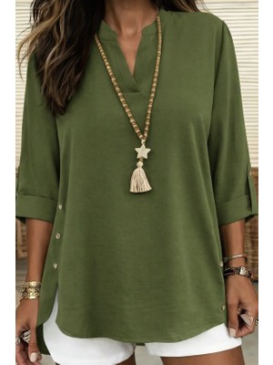 Meğdaix Kadın Truvakar Kol Hakim Yakalı Yandan Düğme Detaylı Aerobin Bluz