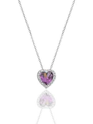 PremiumPort Gümüş Rodyumlu Ametist Taşlı Kalp Tasarımlı Şık Kolye