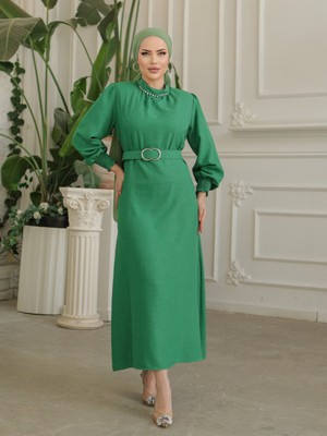Moda Morfo Yakası Taşlı Büzgü Kollu Kemerli Keten Elbise  -Koyu Yeşil
