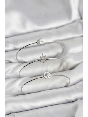 Vice Avm Gümüş Renk Zirkon Taşlı Kutup Yıldızı Model 3'lü Kadın Bileklik Kombini - TJ-BB8354104685 Tg-V