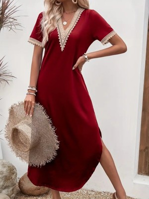 Arben Boutique Kadın Kısa Kollu Dantel V Yakalı Uzun Viskon Elbise