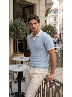 Ulak Handmader Erkek Örgü Desen Yakalı Kısa Kollu Triko Tişört - %100 Pamuk Akrilik