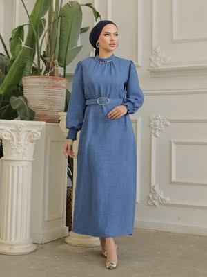 Moda Morfo Yakası Taşlı Büzgü Kollu Kemerli Keten Elbise  -Indigo