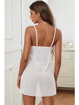 bebekokusu Kadın Beyaz V Yaka Dantel Detaylı Tül Gecelik