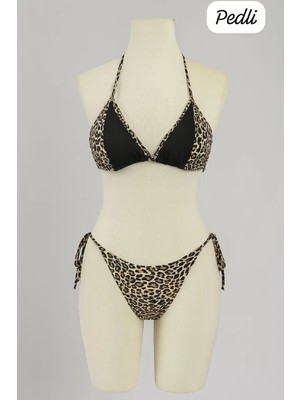 bebekokusu Kadın Siyah ve Leopar Detaylı Yandan Bağlamalı Bikini Takımı