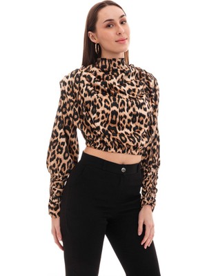Paradice Yaka Leopar Desenli Uzun Kol Natural Bayan Bluz