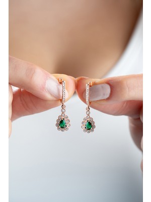 PremiumPort 925 Ayar Gümüş Rose Kaplama Zümrüt Taşlı Kadın Küpe