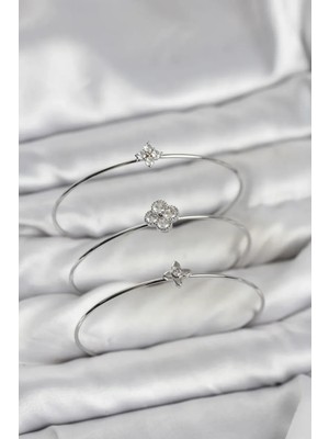 Vice Avm Zirkon Taşlı Gümüş Renk Yonca Tasarım 3'lü Kadın Bileklik Kombini (VICE/1395)