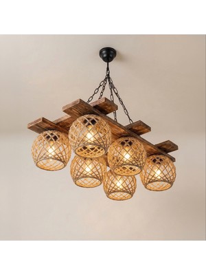 Celestia Home Dekoratif Doğal Ahşap Dikdörtgen Gövdeli 6'lı Hasır Şapkalı Zincirli Sarkıt Avize - Rustik Büyük Salon ve Ada Mutfak Lambası