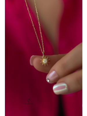 PremiumPort Minimal Yuvarlak Güneş Sarı Gold Zirkon Taşlı Gümüş Kolye