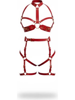 bebekokusu Kırmızı Harness Takım Altın Tokalı Zincir Detaylı Deri Set - BRF1016