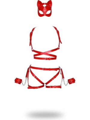 bebekokusu Kırmızı Harness Takım Deri Kedi Maskeli Zincir Detaylı - BRF1036