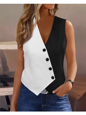 Pileli Store Pilelistore- Kadın Sıfır Kol V Yakalı Düğmeli Blok Renkli Atlas Yelek
