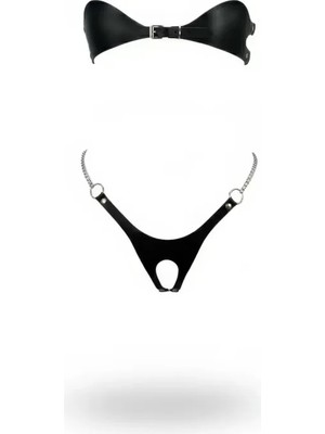 bebekokusu Siyah Harness Takım Suni Deri Zincir Detaylı Bralet Alt Takımı - BRF1234