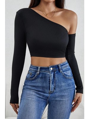 bebekokusu Kadın Siyah Tek Omuz Detaylı Uzun Kol Crop Top Bluz