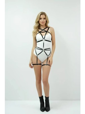 bebekokusu Siyah Body Harness Tam Vücut Deri Çapraz Bacak Detaylı - BRF195