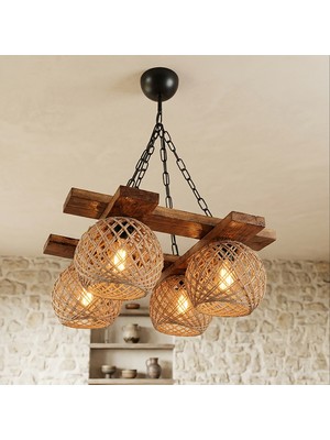Celestia Home Dekoratif Doğal Ahşap Kare Gövdeli 4'lü Kompakt Hasır Şapkalı Zincirli Avize - Rustik Çiftlik Evi Salon, Yemek Masası Lambası