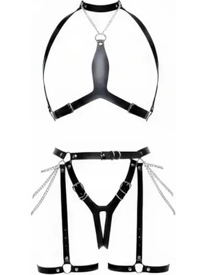 bebekokusu Siyah Harness Takım Zincir Detaylı Deri Vücut Aksesuarı - BRF1191