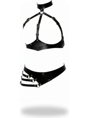 bebekokusu Siyah Harness Takım Deri Boyunluklu Ayarlanabilir Tokalı - BRF1139