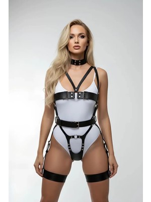 bebekokusu Siyah Harness Takım Deri Tam Vücut Boyunluklu - BRF1378