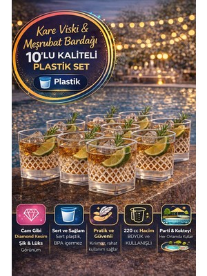 Open Home Concept 10’lu Kare Desenli Plastik Viski Bardağı I Sert Şeffaf Kokteyl Meşrubat Bardak Parti 220 cc