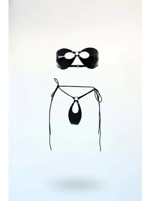 bebekokusu Siyah Harness Takım Parlak Vinil Metal Halka Detaylı - BRF1395