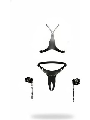 bebekokusu Siyah Harness Takım Deri Zincir Detaylı 4 Parçalı - BRF1232