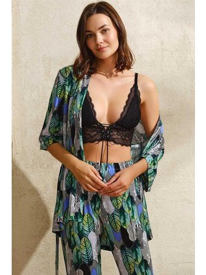 bebekokusu Viskon Yaprak Baskılı Sabahlık Balensiz Desteksiz Dolgusuz Dantelli Bralet Sütyen ve Pantolon Pijama 3'lü Takım