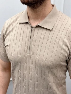 Pileli Store Pilelistore- Erkek Yazlık Triko Saç Örgü Tişört Kısa Kol Polo Yaka Fermuarlı T-Shirt - Bej