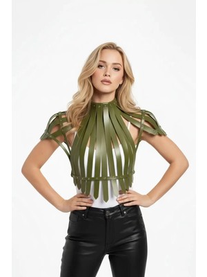 bebekokusu Haki Kadın Kemer Deri Zımbalı Yüksek Yaka Korse - BRF1257