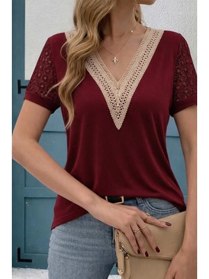 Pileli Store Pilelistore- Kadın Kısa Kollu V Yakalı Dantel Detaylı Viskon Bluz