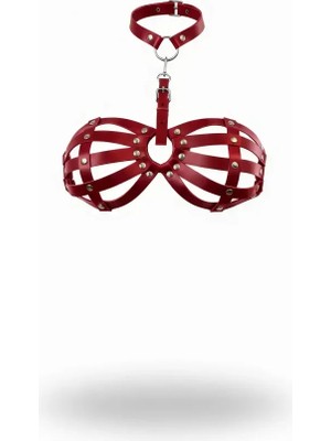 bebekokusu Kırmızı Göğüs Harness Deri Kafesli Zımba Detaylı Boyunluk - BRF224