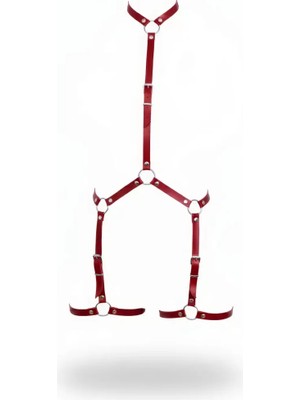 bebekokusu Kırmızı Kadın Body Harness Boyun ve Bacak Detaylı Metal Halkalı - BRF234