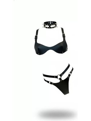 bebekokusu Siyah Harness Takım Deri Zımbalı Halkalı Bralet Seti - BRF1298