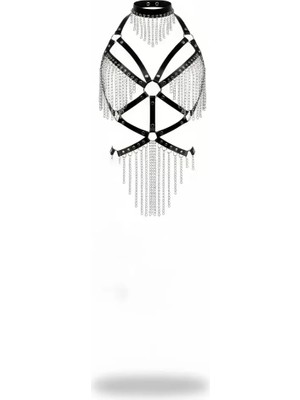 bebekokusu Siyah Body Harness Zincir Detaylı Choker Yaka - BRF1080