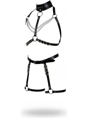 bebekokusu Siyah Harness Takım Zincir ve Halka Detaylı Boyunluklu - BRF1081