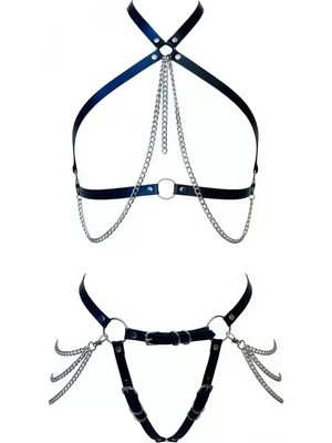 bebekokusu Siyah Harness Takım Zincir Detaylı Deri Vücut Kemeri - BRF1084