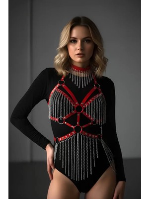 bebekokusu Deri ve Zincir Detaylı Harness Takım, Deri Dansçı Kostüm, Choker Detaylı Deri Harness - BRF1397